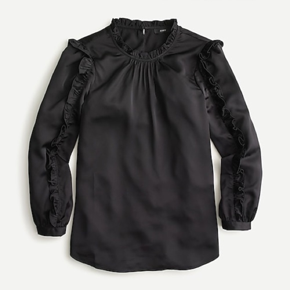 J Crew Ruffle-sleeve top in satin crepe-Black
